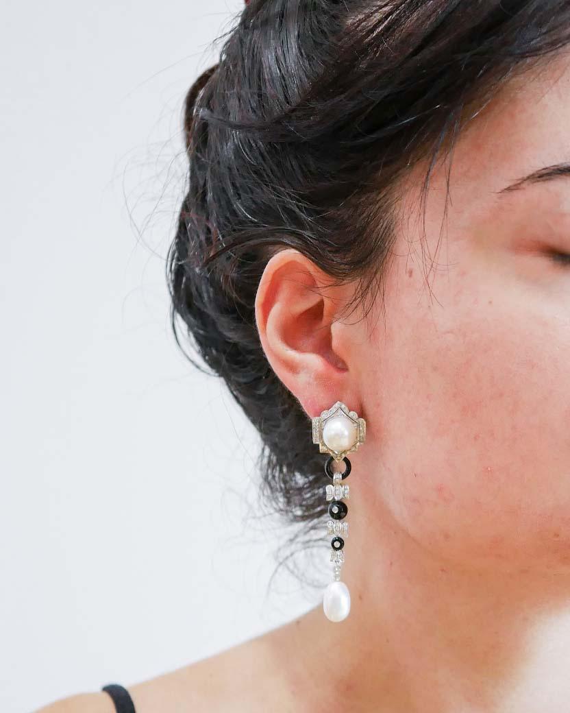 Pendientes de perlas, ónix, diamantes y platino. Corte mixto en venta