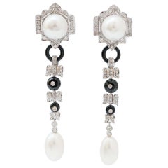 Perles, Onyx, Diamants, Platine Boucles d'oreilles.