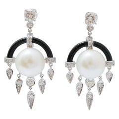 Pearls, Onyx, Diamonds, Platinum Earrings.