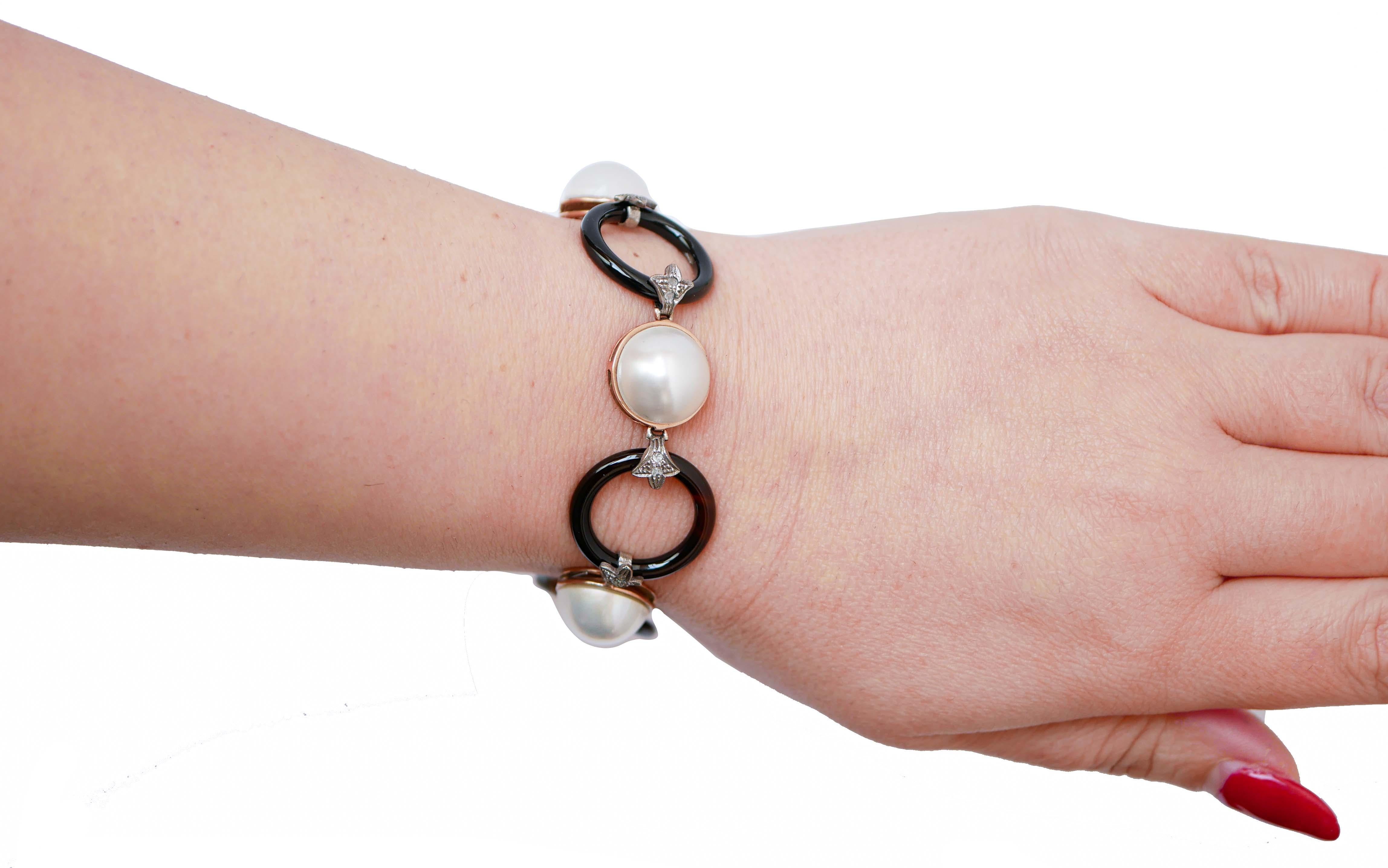 Mixed Cut Pearls, Onyx, Diamonds, Rose Gold and Silver Link Bracelet. For Sale