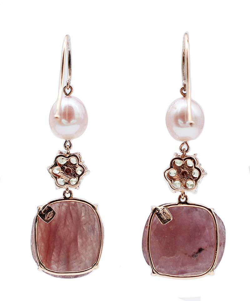 Retro Pearls, Peridots, Sapphires, Diamonds, 14 Karat Rose Gold Dangle Earrings For Sale