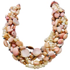 Pearls Pink Opal Conch Beads Vermeil clasp Beaded Necklace  by Sylvia Gottwald