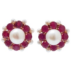 Pearls, Rubies, 14 Karat Rose Gold and Silver Earrings.