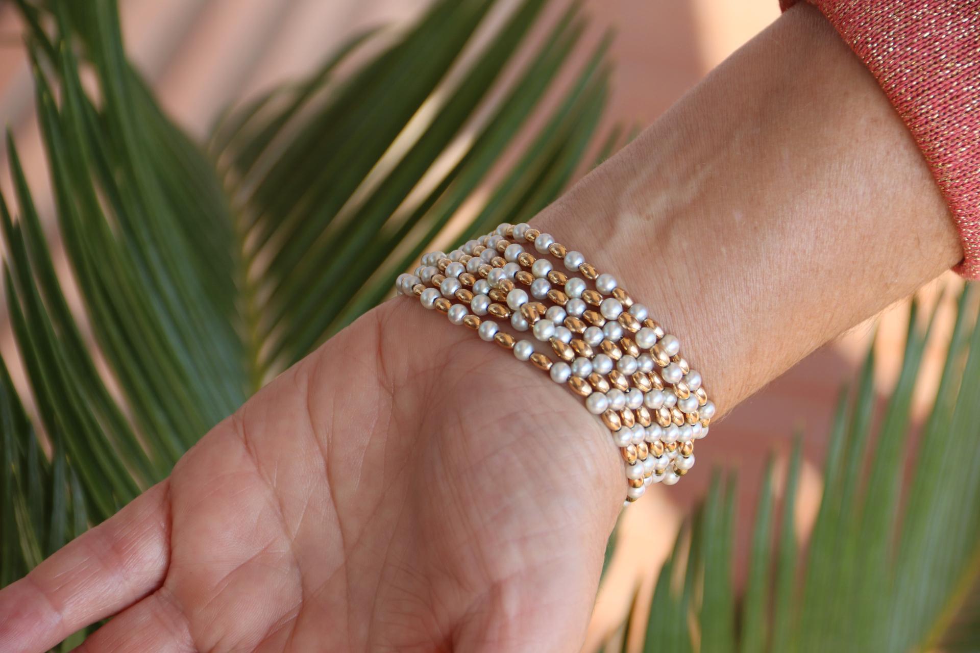 Pearls Rubies 18 Karat Yellow Gold Cuff Bracelet 5