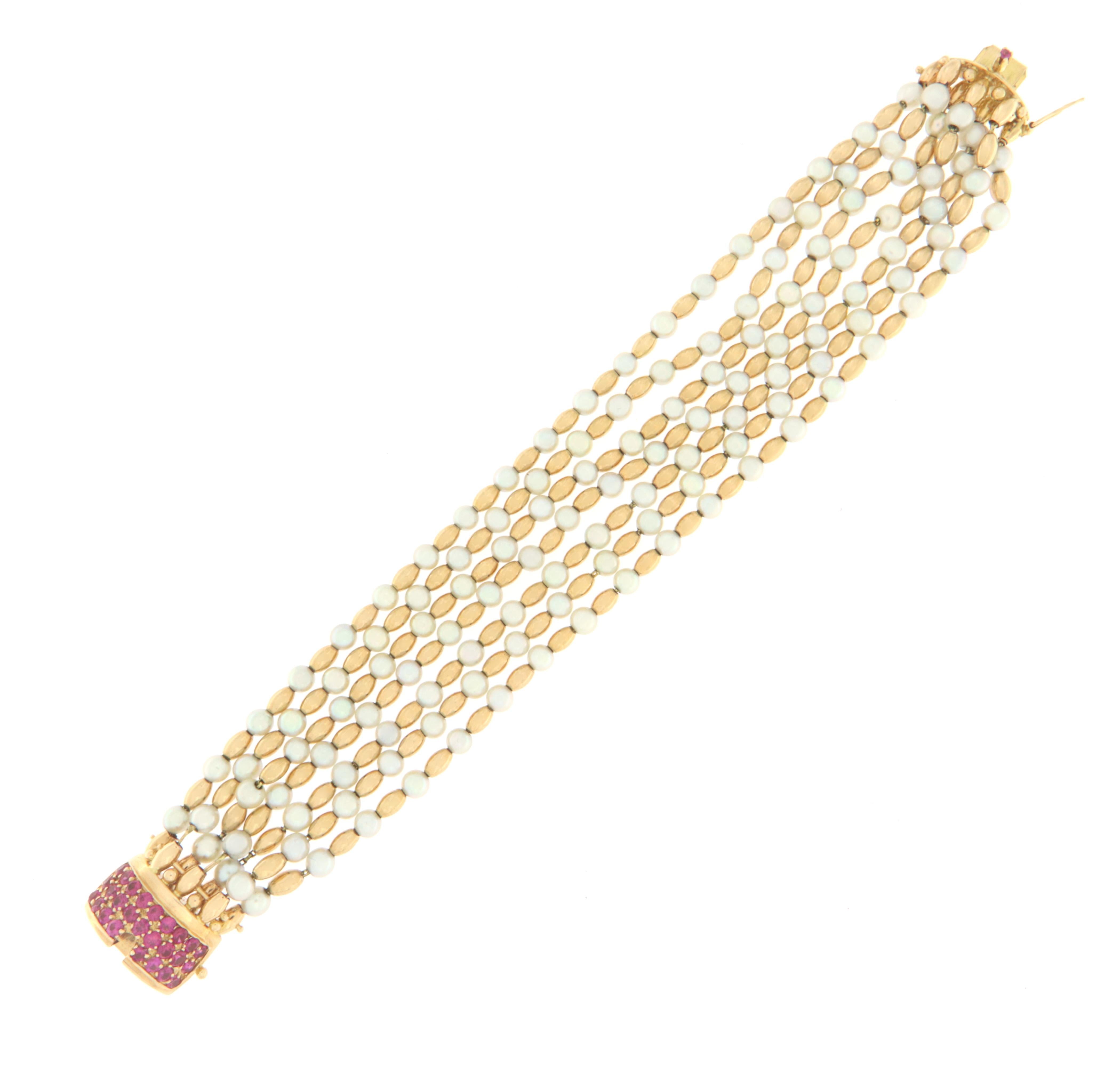 Pearls Rubies 18 Karat Yellow Gold Cuff Bracelet 6