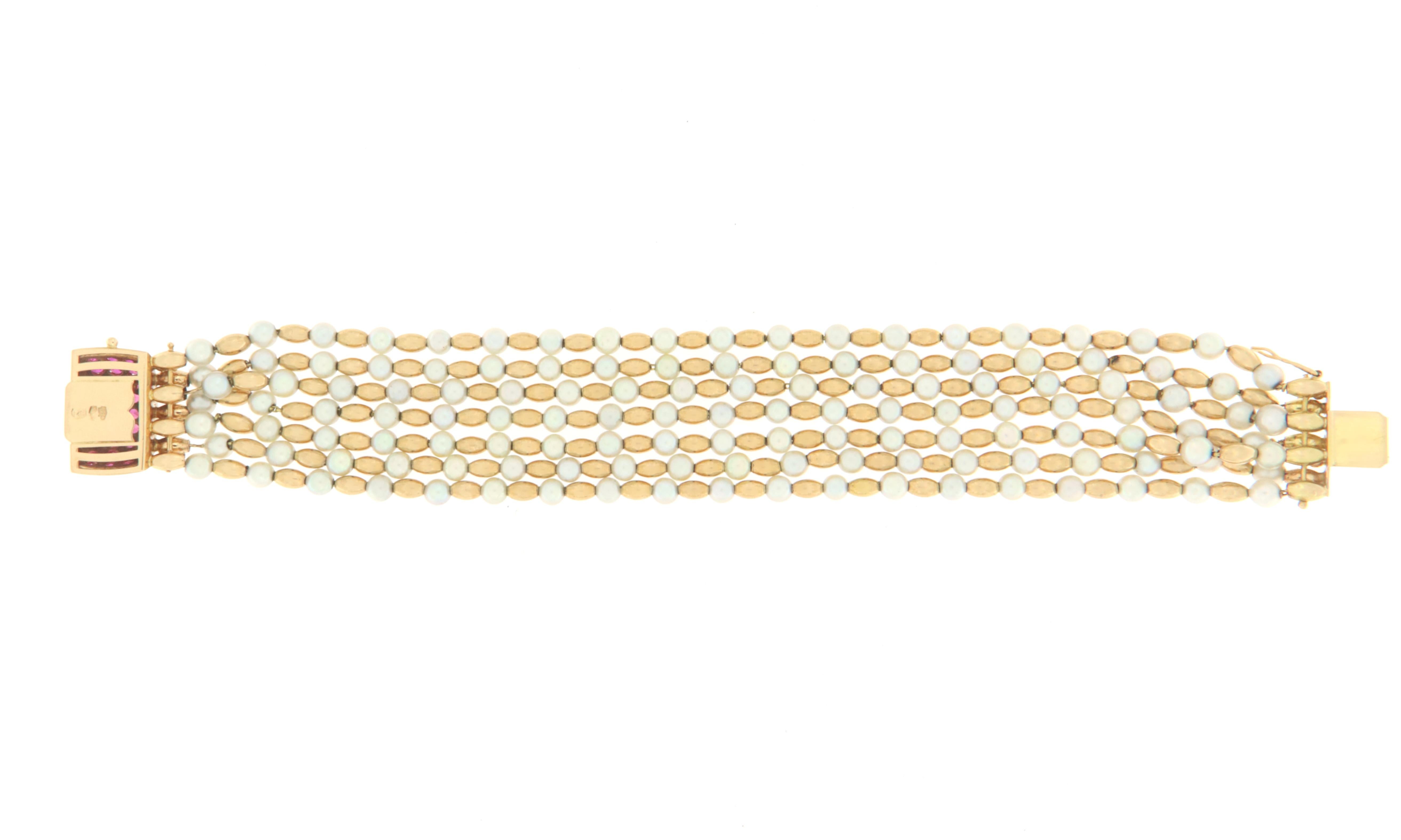Artisan Pearls Rubies 18 Karat Yellow Gold Cuff Bracelet