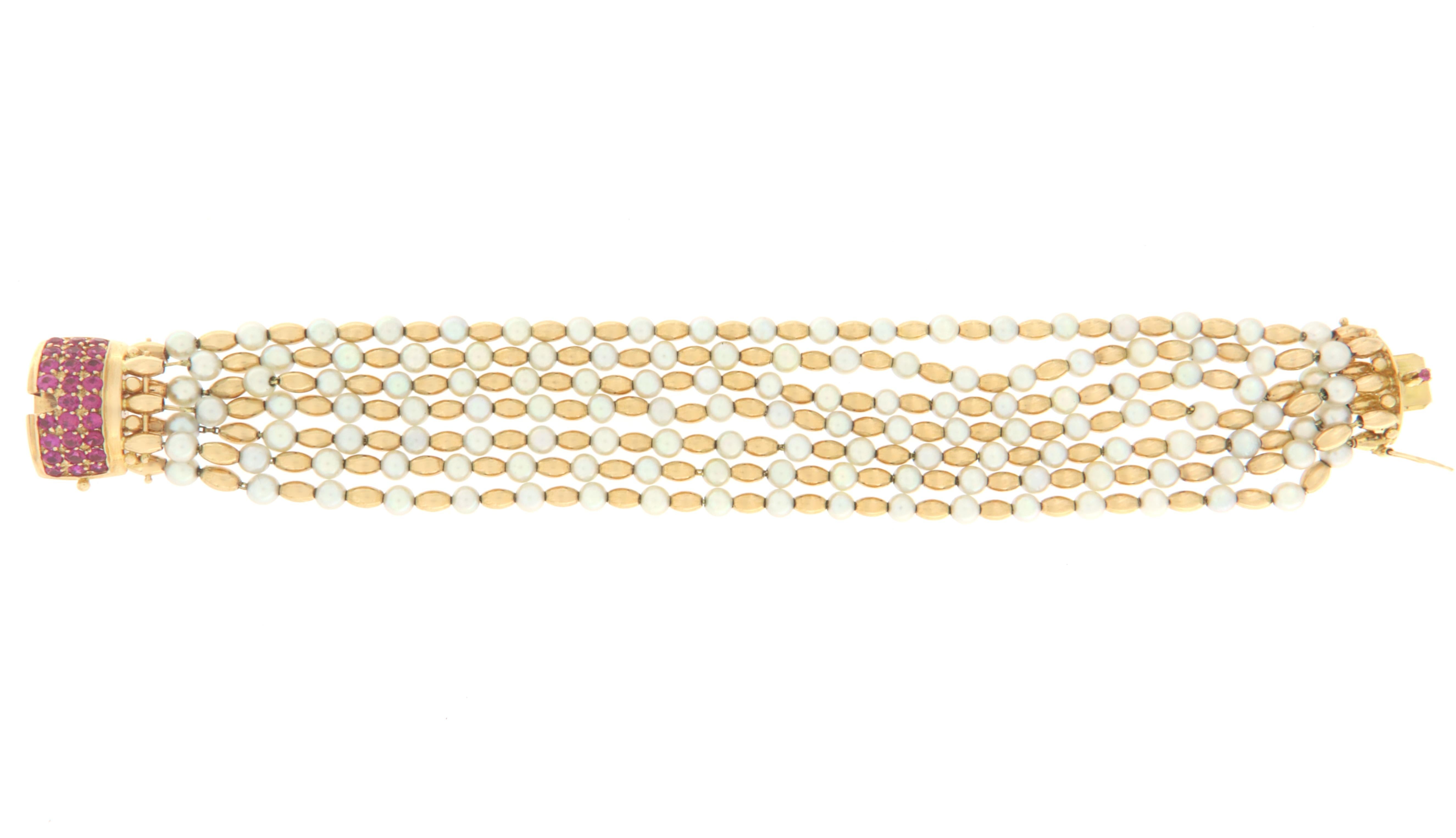 Brilliant Cut Pearls Rubies 18 Karat Yellow Gold Cuff Bracelet