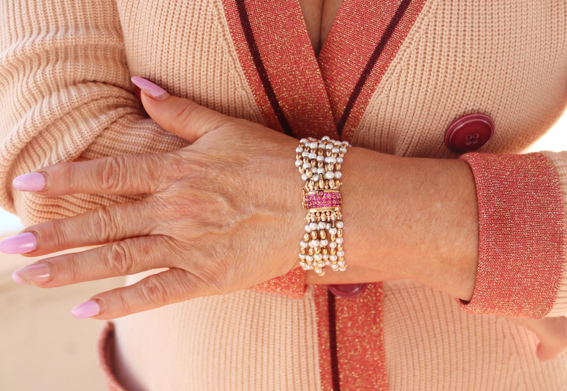 Women's Pearls Rubies 18 Karat Yellow Gold Cuff Bracelet