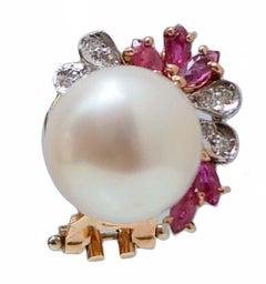 Boucles d'oreilles en or rose et or blanc 14 carats, perles, rubis, diamants