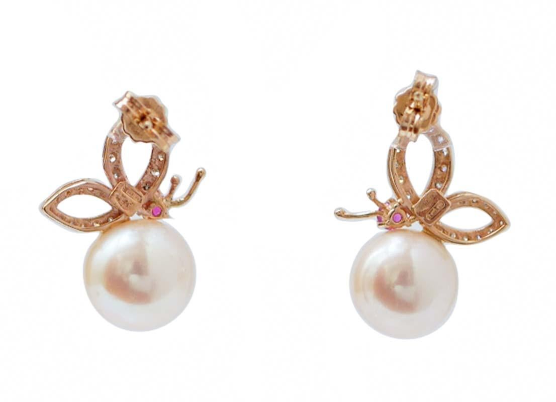 Retro Pearls, Rubies, Diamonds, 14 Karat Rose Gold Earrings. For Sale