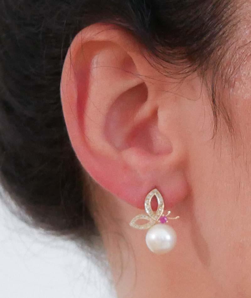 Pearls, Rubies, Diamonds, 14 Karat Rose Gold Earrings. In New Condition For Sale In Marcianise, Marcianise (CE)