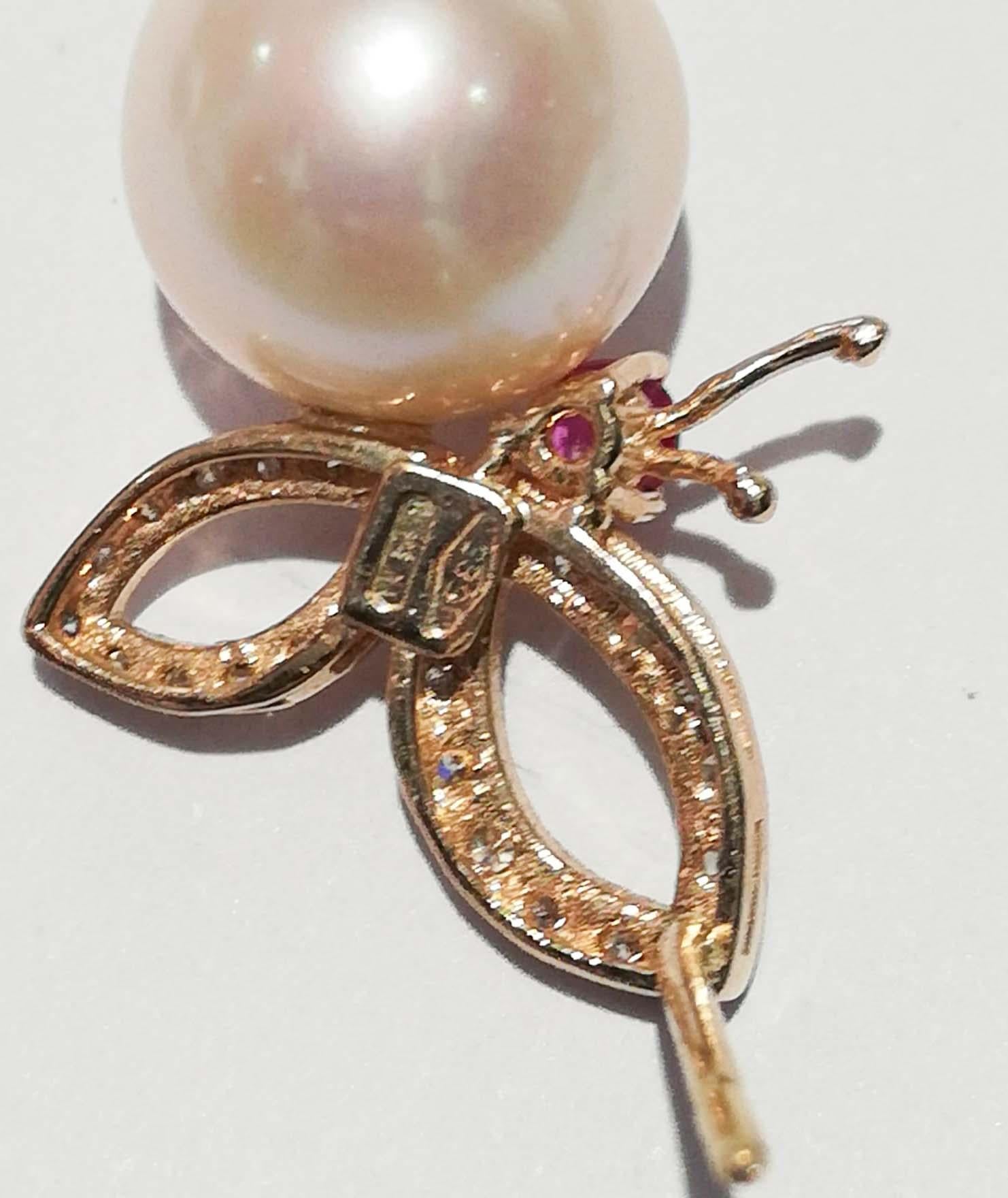 Women's Pearls, Rubies, Diamonds, 14 Karat Rose Gold Earrings. For Sale