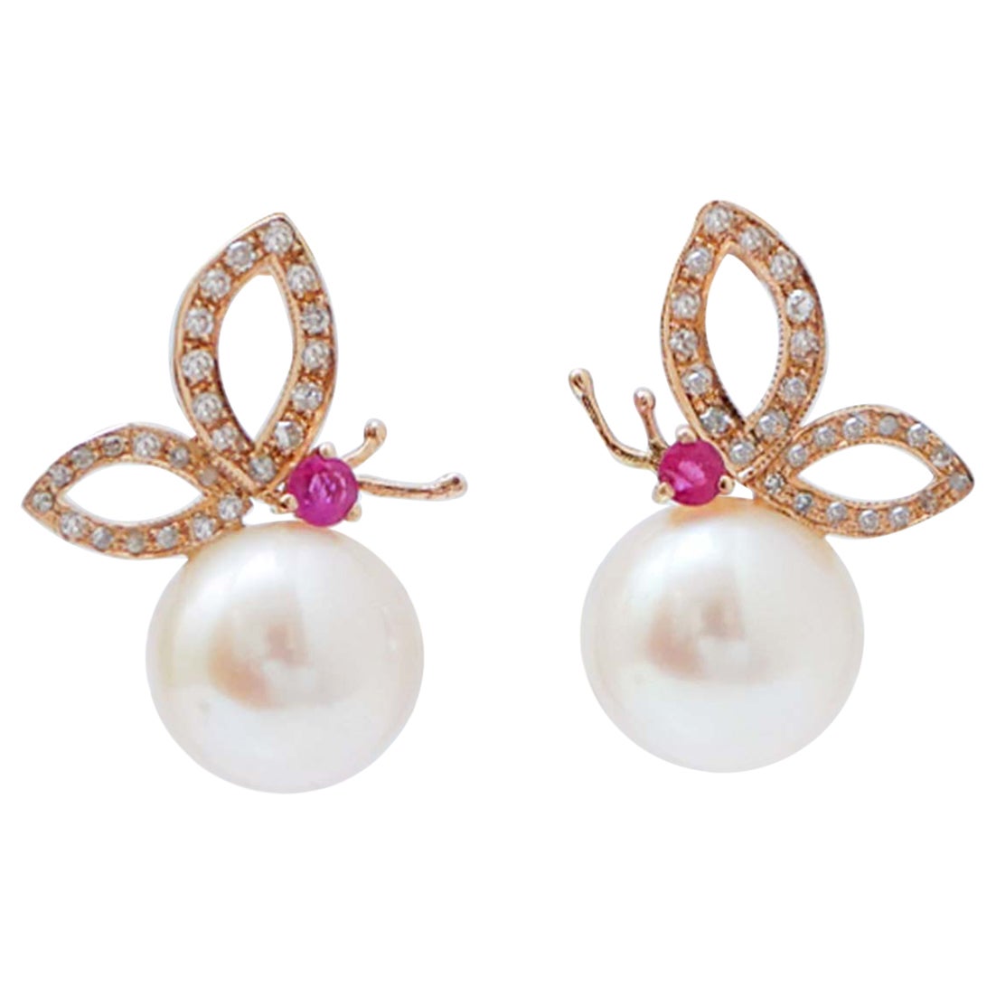 Perles, rubis, diamants, boucles d'oreilles en or rose 14 carats.