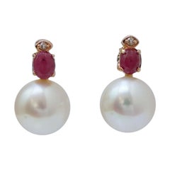 Pearls, Rubies, Diamonds, 14 Karat Rose Gold Earrings.