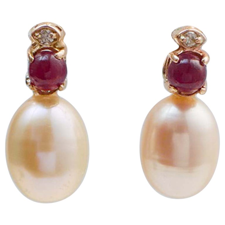 Pearls, Rubies, Diamonds, 14 Karat Rose Gold Earrings.