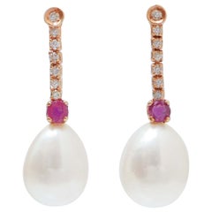 Pearls, Rubies, Diamonds, 14 Karat Rose Gold Tennis Earrings