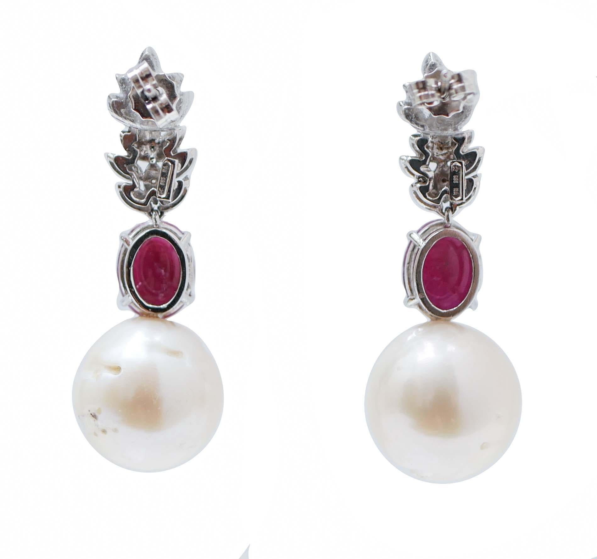 Retro Pearls, Rubies, Diamonds, 14 Karat White Gold Earrings. For Sale