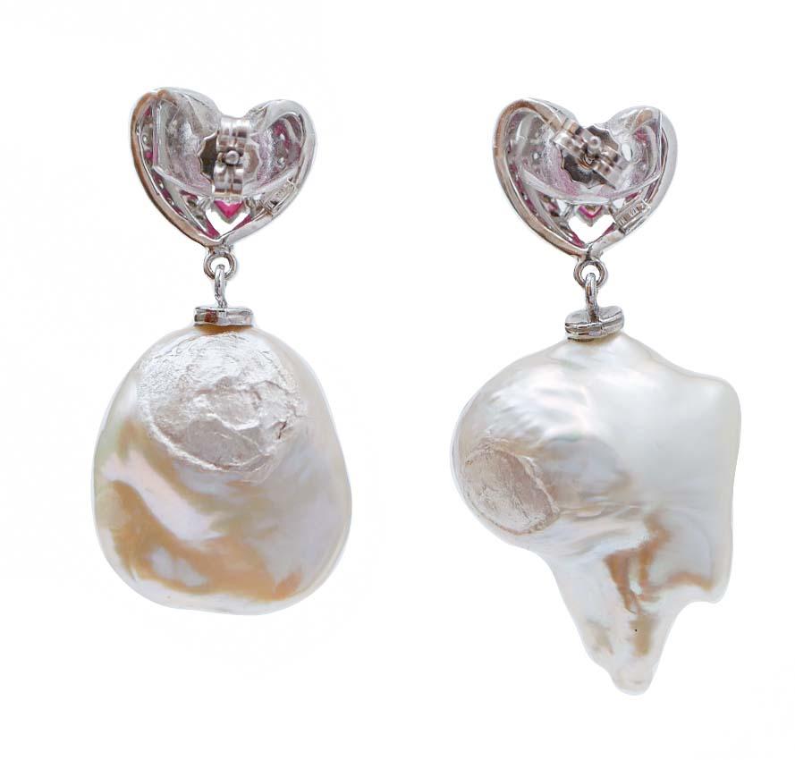 Retro Pearls, Rubies, Diamonds, 14 Karat White Gold Earrings For Sale