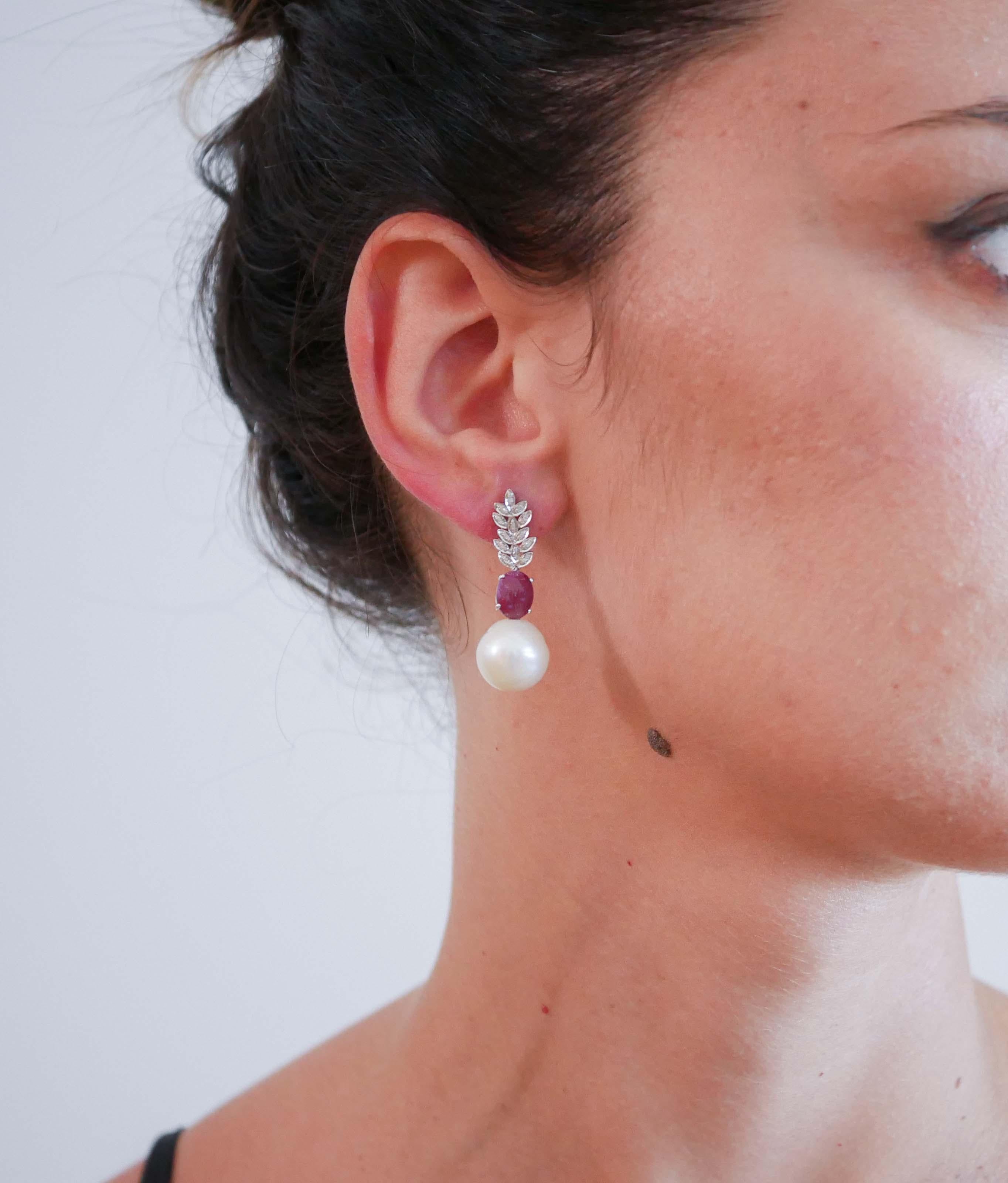 Mixed Cut Pearls, Rubies, Diamonds, 14 Karat White Gold Earrings. For Sale