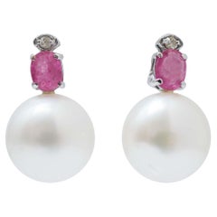 Pearls, Rubies, Diamonds, 14 Karat White Gold Earrings.