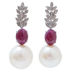 Perles, rubis, diamants, boucles d'oreilles en or blanc 14 carats.