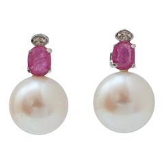 Pearls, Rubies, Diamonds, 14 Karat White Gold Earrings.
