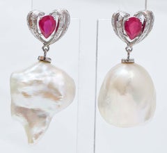Pearls, Rubies, Diamonds, 14 Karat White Gold Earrings