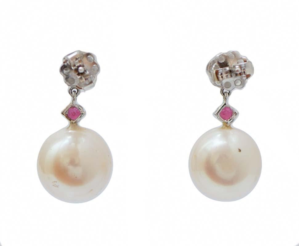 Retro Pearls, Rubies, Diamonds, Platinum Earrings For Sale