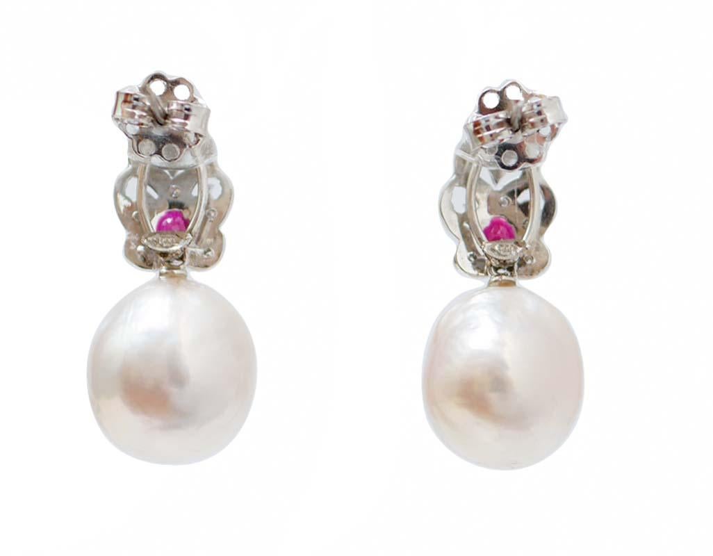 Retro Pearls, Rubies, Diamonds, Platinum Earrings. For Sale