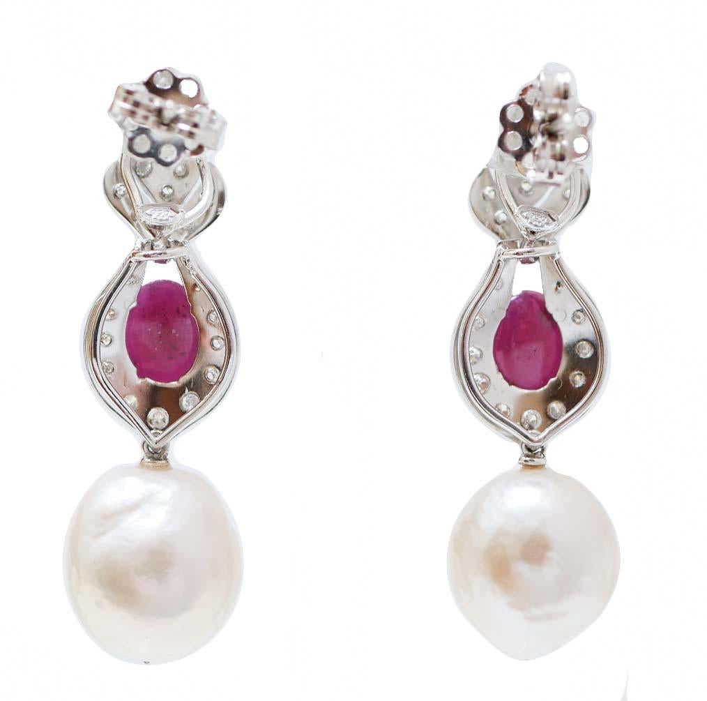 Retro Pearls, Rubies, Diamonds, Platinum Earrings. For Sale