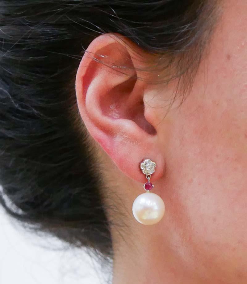 Pearls, Rubies, Diamonds, Platinum Earrings In Good Condition For Sale In Marcianise, Marcianise (CE)