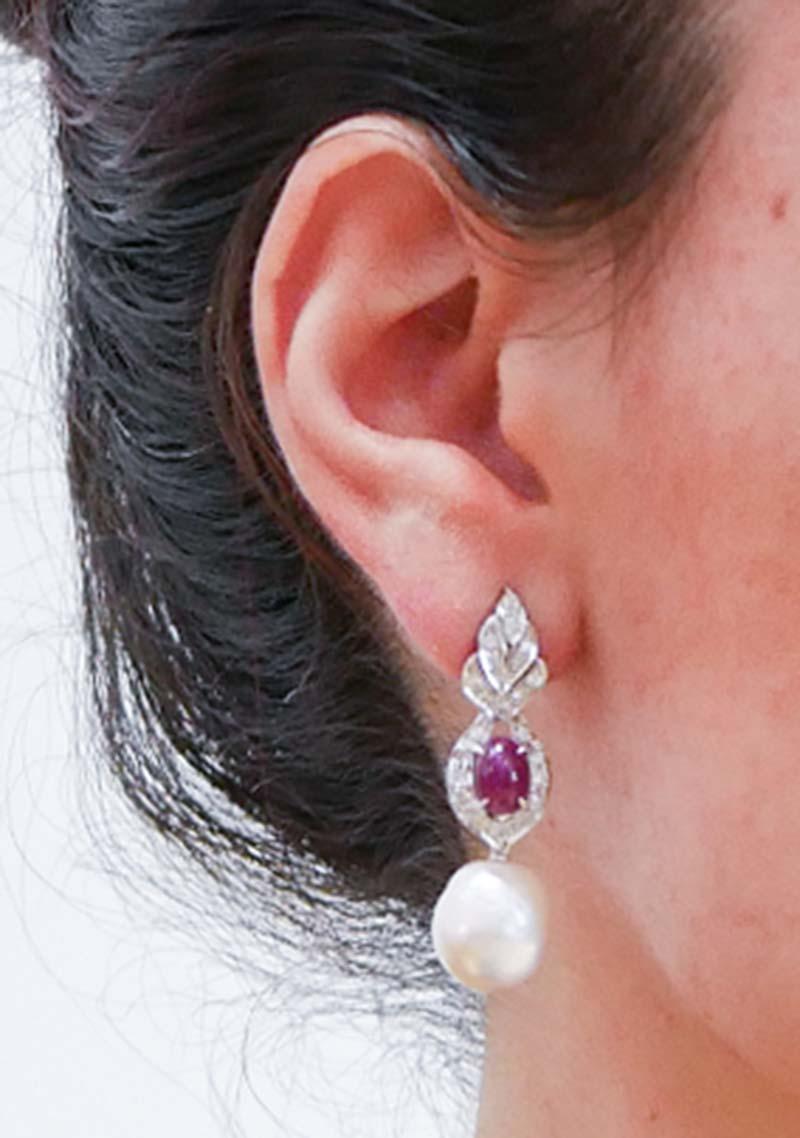 Women's Pearls, Rubies, Diamonds, Platinum Earrings. For Sale