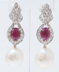 Pearls, Rubies, Diamonds, Platinum Earrings.