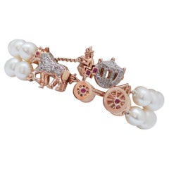 Pearls, Rubies, Diamonds, Rose Gold and Silver Carriage Bracelet