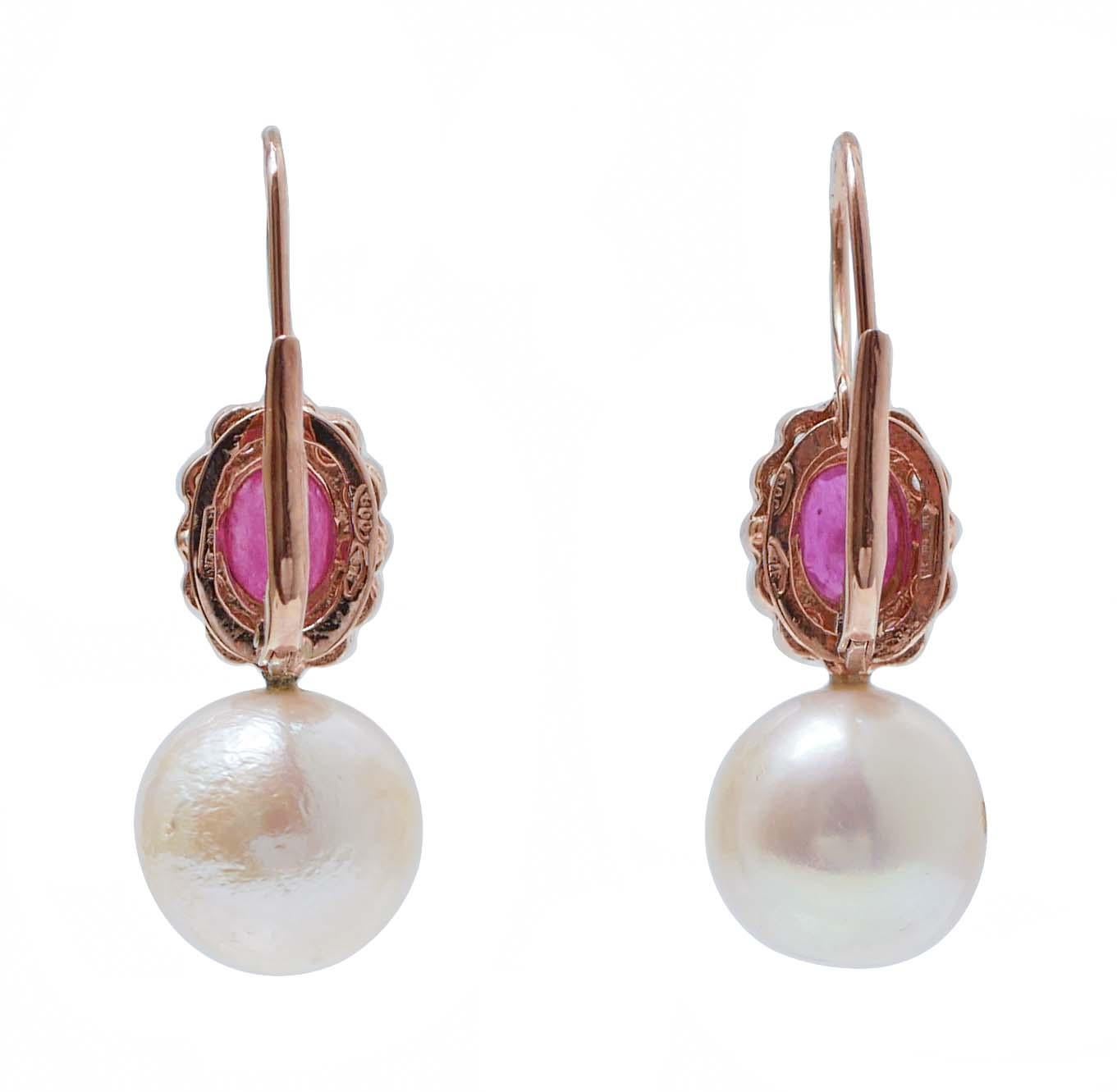 Retro Pearls, Rubies, Diamonds, Rose Gold and Silver Earrings.