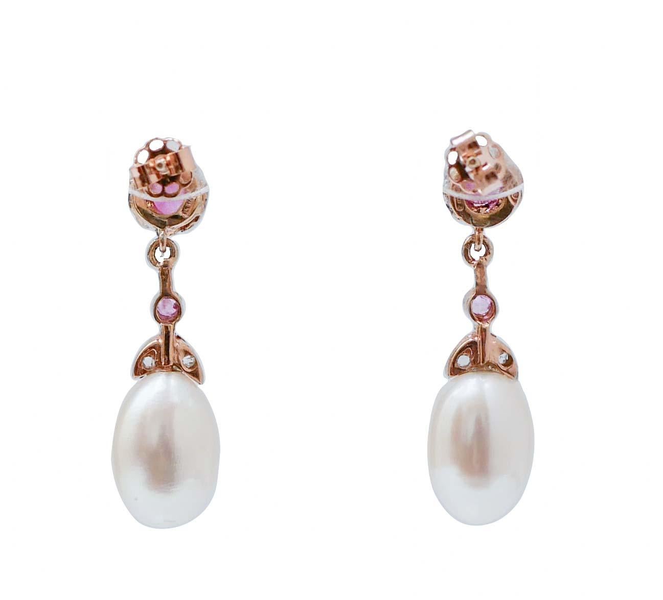 Retro Pearls, Rubies, Diamonds, Rose Gold and Silver Earrings. For Sale