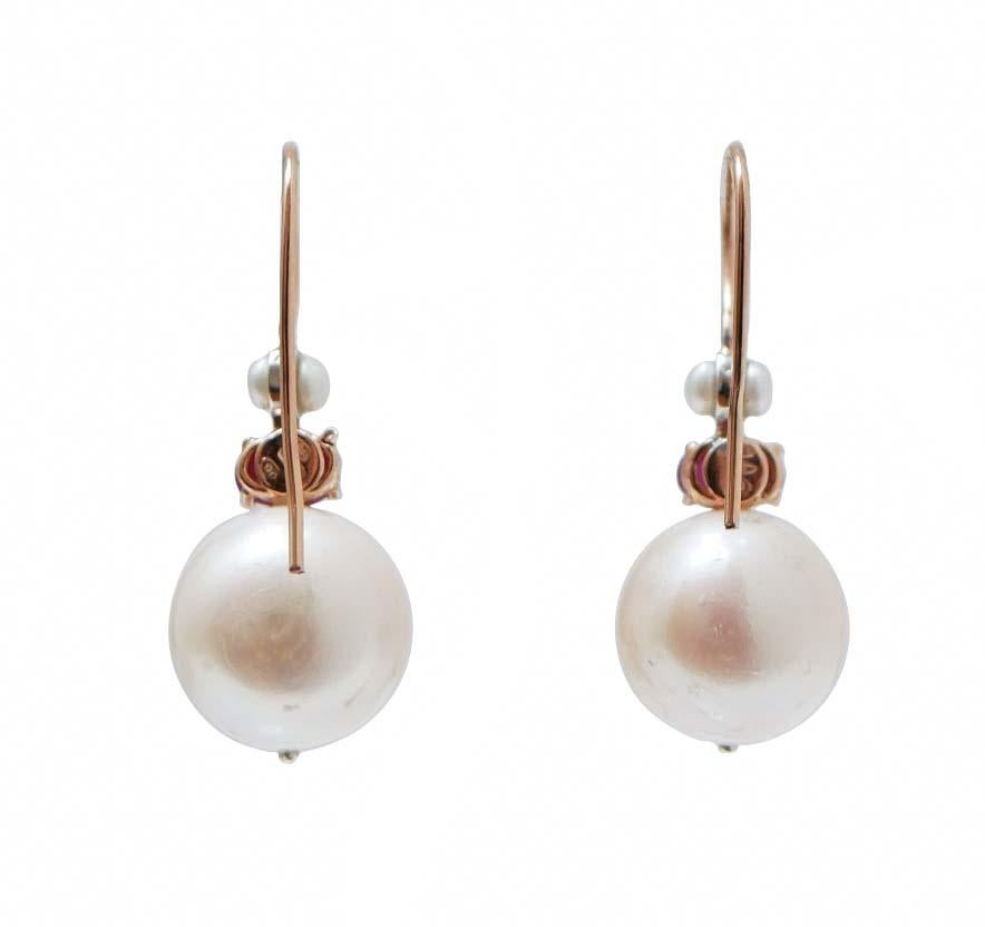 Retro Pearls, Rubies, Diamonds, Rose Gold and Silver Earrings. For Sale