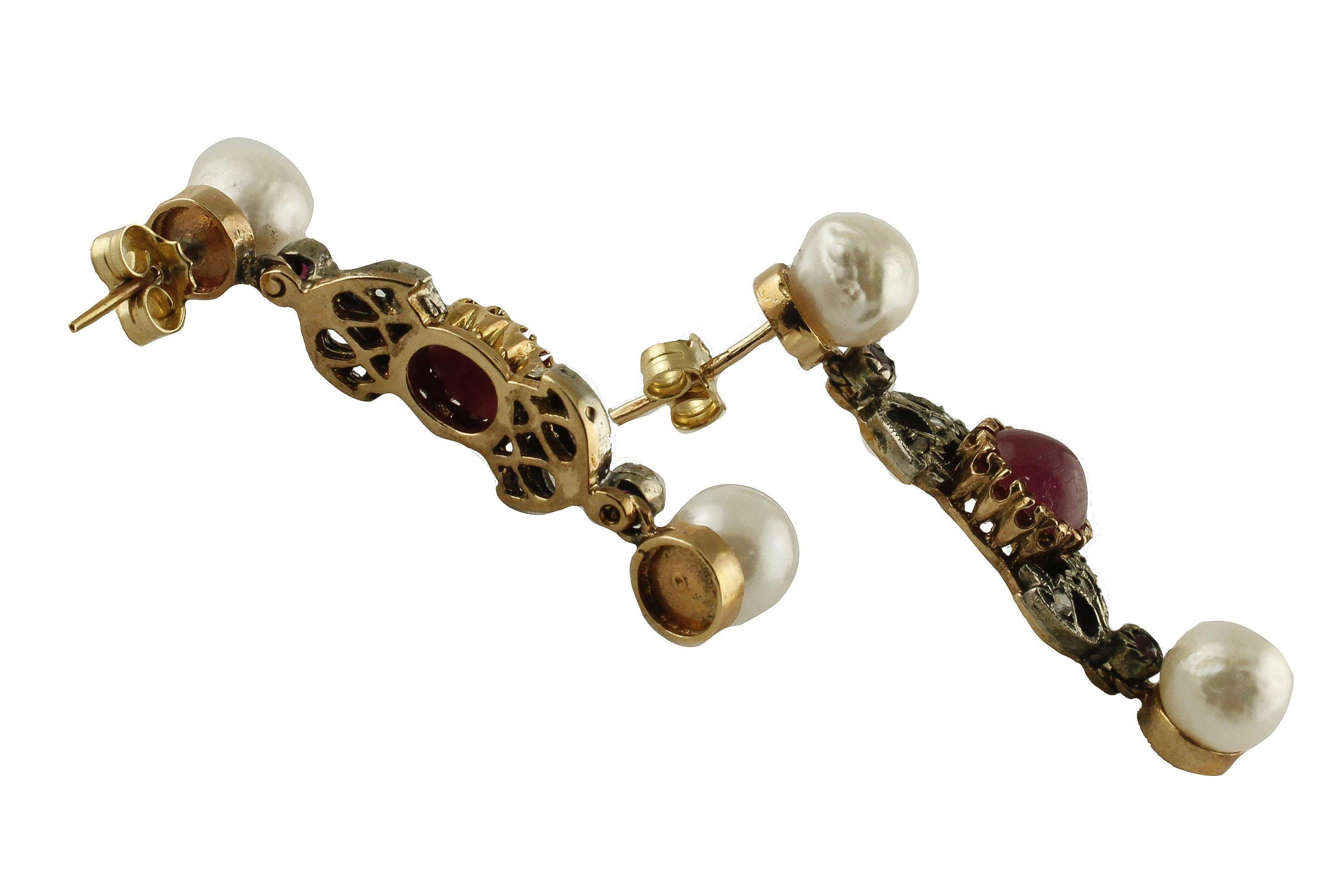 Ohrringe aus Roségold und Silber mit Perlen, Rubinen und Diamanten (Retro) im Angebot