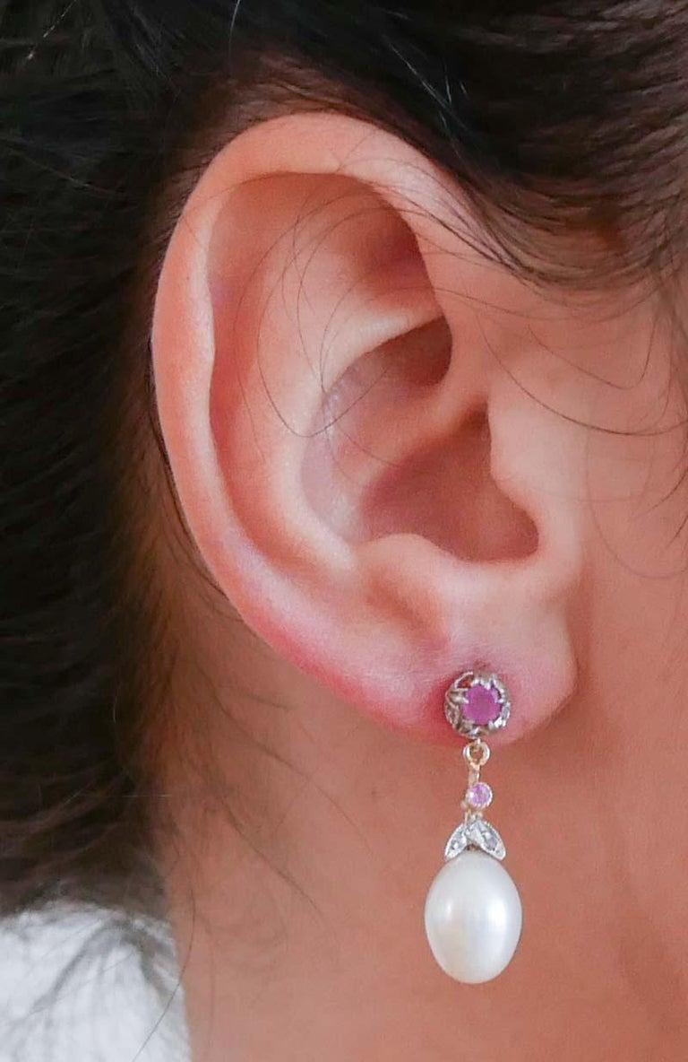 Mixed Cut Pearls, Rubies, Diamonds, Rose Gold and Silver Earrings. For Sale