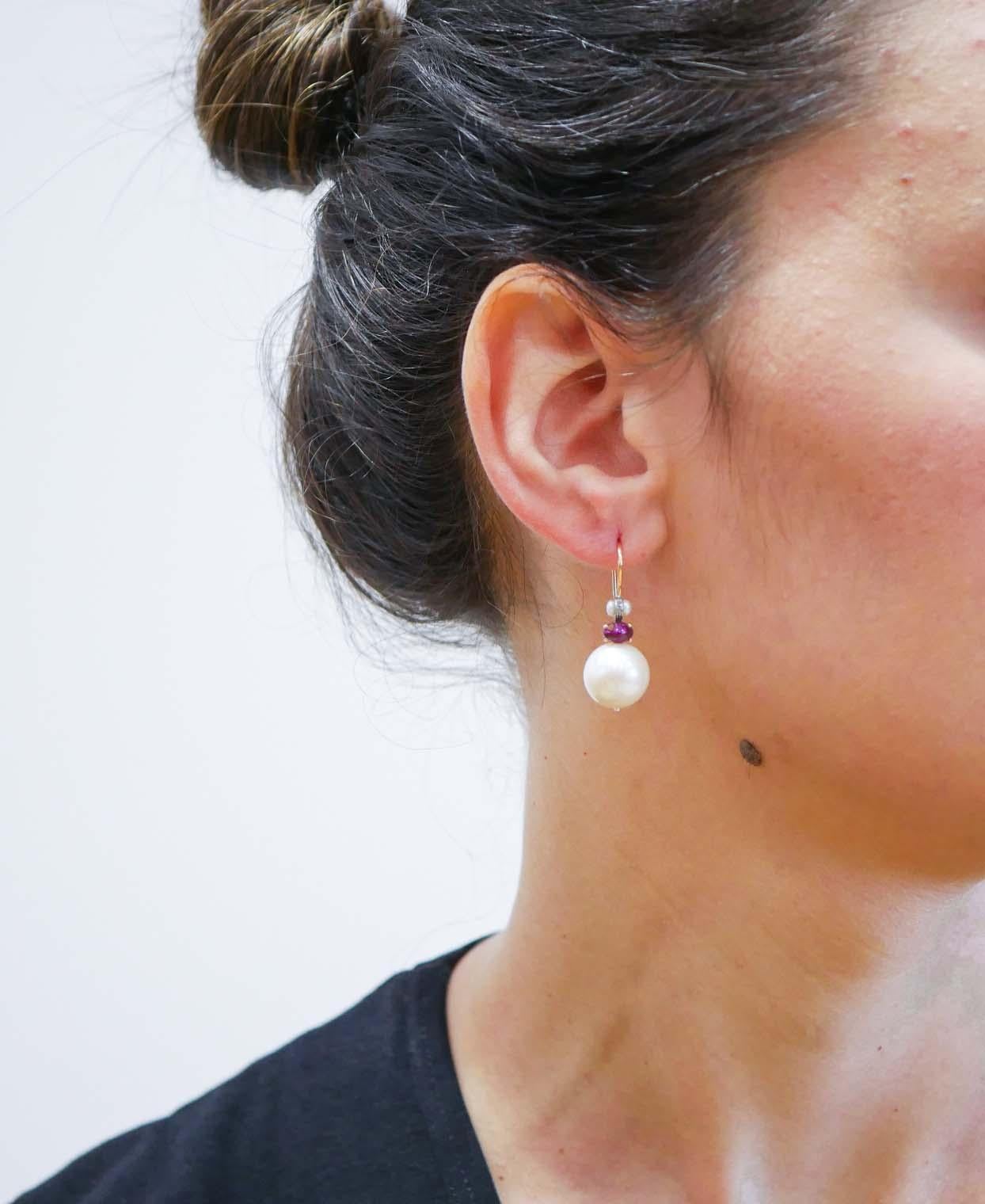 Mixed Cut Pearls, Rubies, Diamonds, Rose Gold and Silver Earrings. For Sale