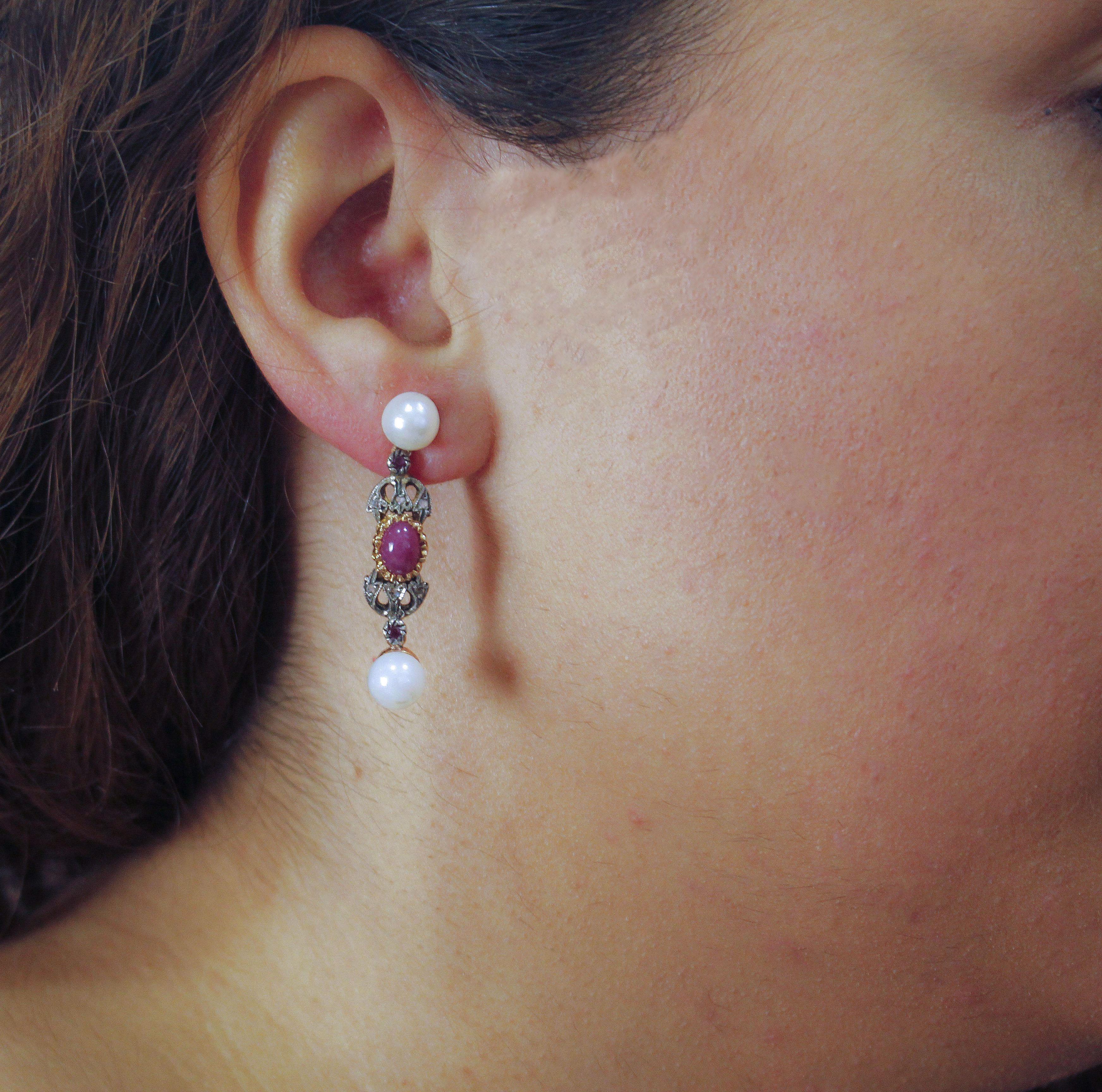 Mixed Cut Pearls Rubies Diamonds Rose Gold and Silver Earrings For Sale