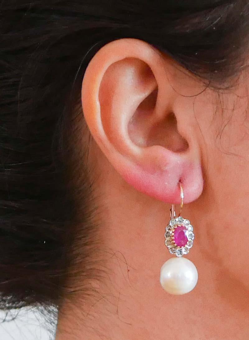 Pearls, Rubies, Diamonds, Rose Gold and Silver Earrings. In New Condition In Marcianise, Marcianise (CE)