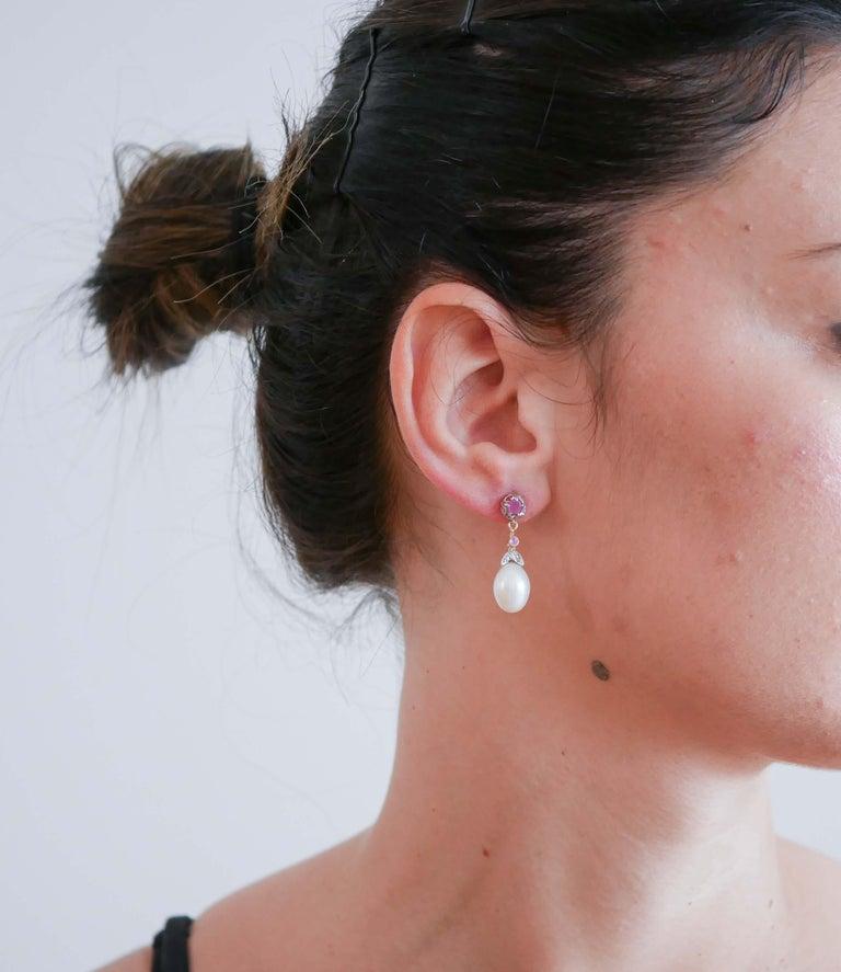 Pearls, Rubies, Diamonds, Rose Gold and Silver Earrings. In Good Condition For Sale In Marcianise, Marcianise (CE)