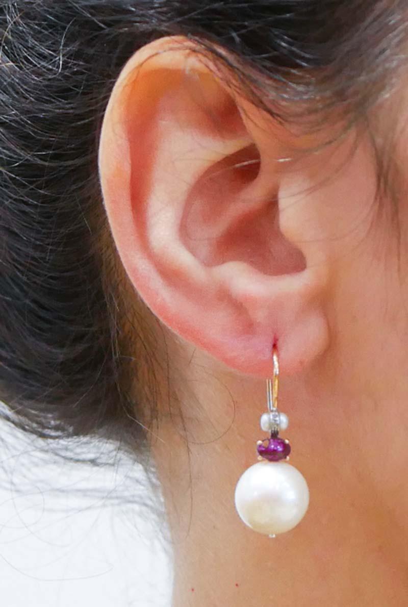 Pearls, Rubies, Diamonds, Rose Gold and Silver Earrings. In New Condition For Sale In Marcianise, Marcianise (CE)