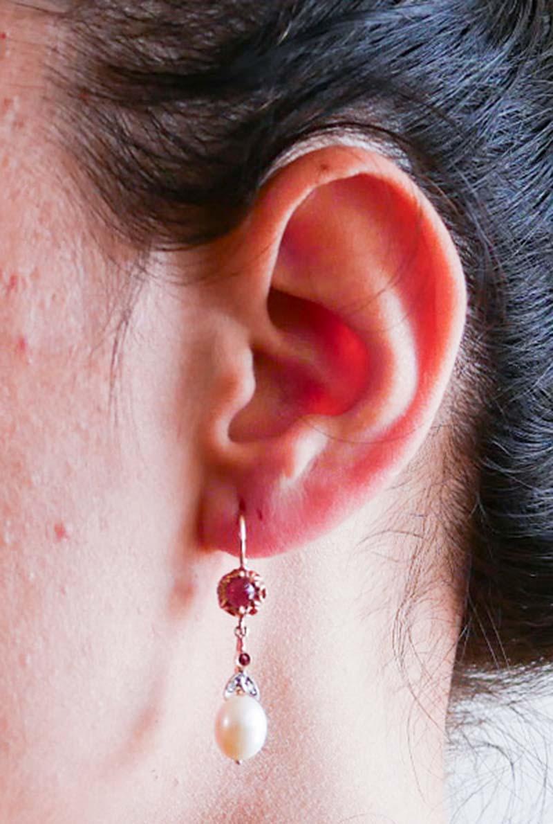 Perle, rubini, diamanti, orecchini in oro rosa e argento. In condizioni buone in vendita a Marcianise, Marcianise (CE)
