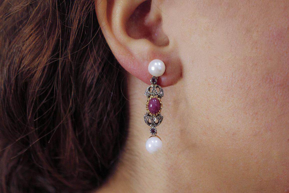 Ohrringe aus Roségold und Silber mit Perlen, Rubinen und Diamanten im Zustand „Gut“ im Angebot in Marcianise, Marcianise (CE)