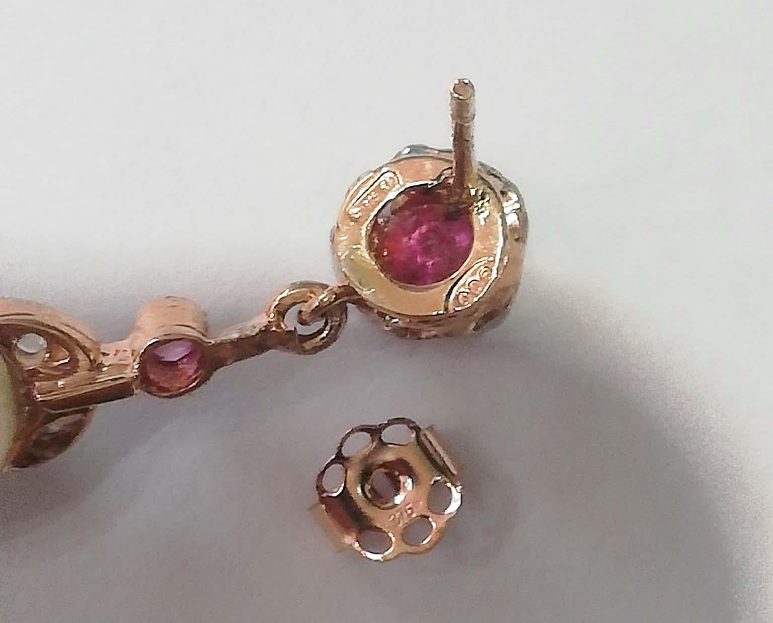 Women's Pearls, Rubies, Diamonds, Rose Gold and Silver Earrings. For Sale