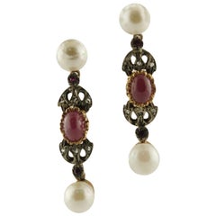 Retro Pearls Rubies Diamonds Rose Gold and Silver Earrings