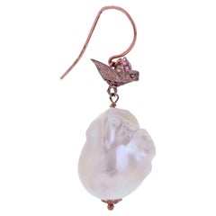 Pearls, Rubies, Diamonds, Rose Gold and Silver Retrò Earrings.