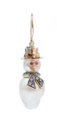Pearls, Rubies, Diamonds, Rose Gold and Silver Snowman Dangle Earrings.